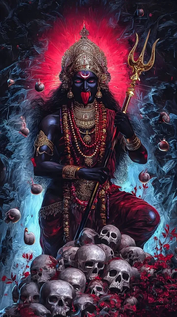 kali mata wallpaper download — Pile of skulls, gold trishul, red halo.