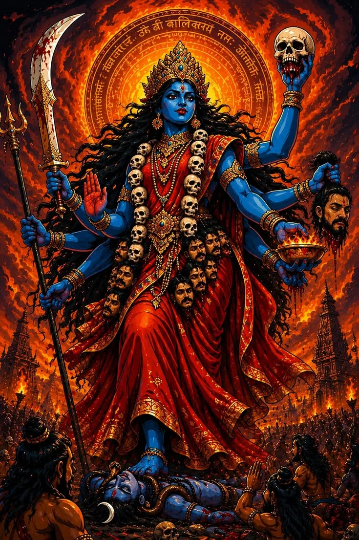 kali mata wallpaper high resolution — Red sari, fiery sky, Shiva under her foot.