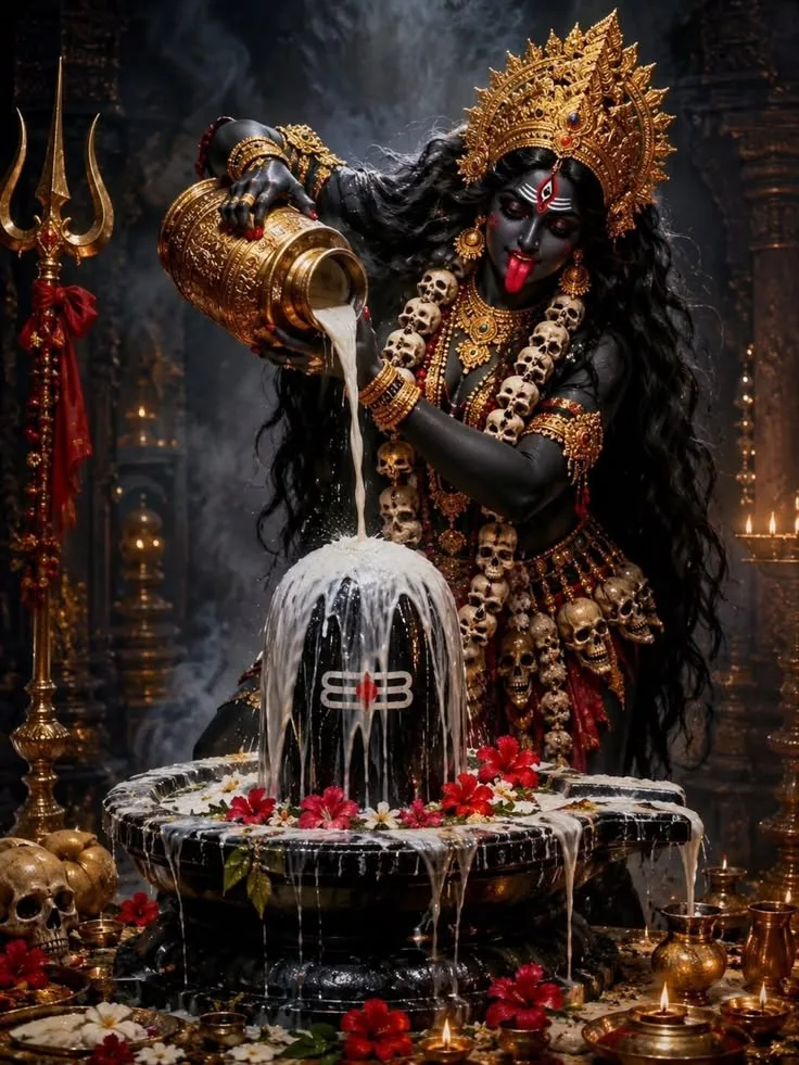 maa kali ji image — शिवलिंग पर दूध, खोपड़ी के गहने, मंदिर दीये।
