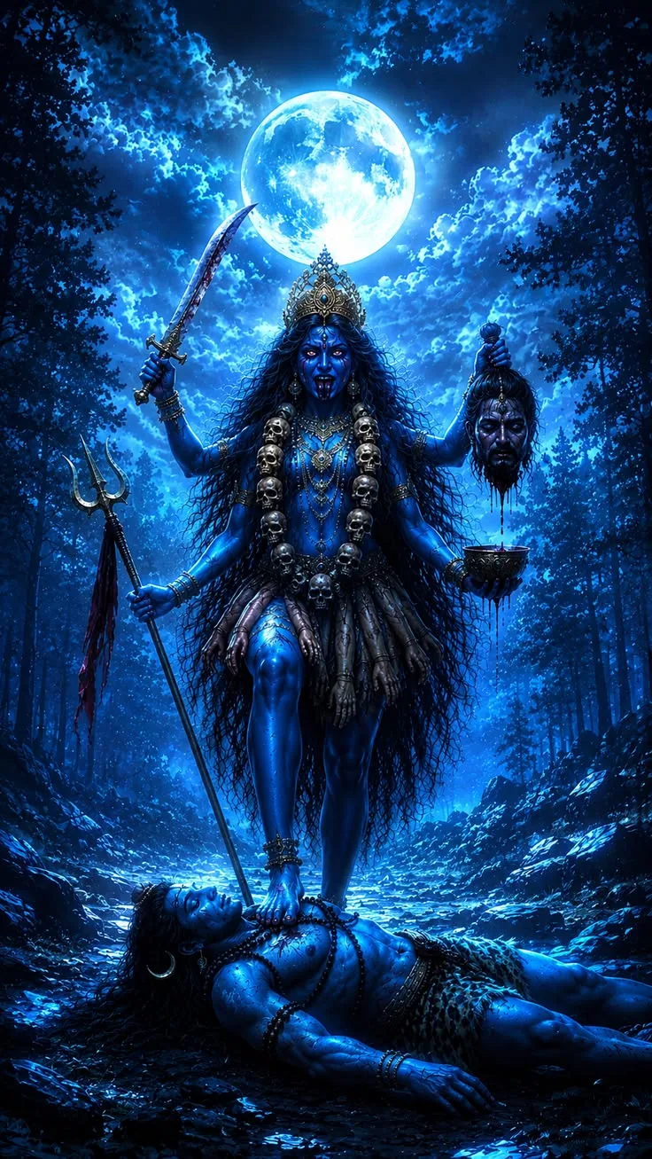 kali ji image hd — Moonlit forest, severed head, foot on Shiva.