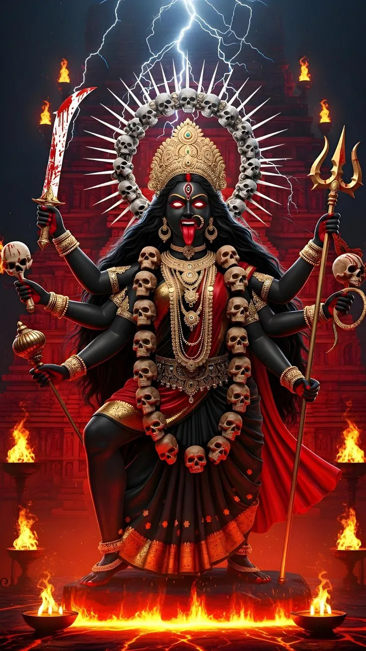 Skull halo, red eyes, sword, temple fire and lightning.
