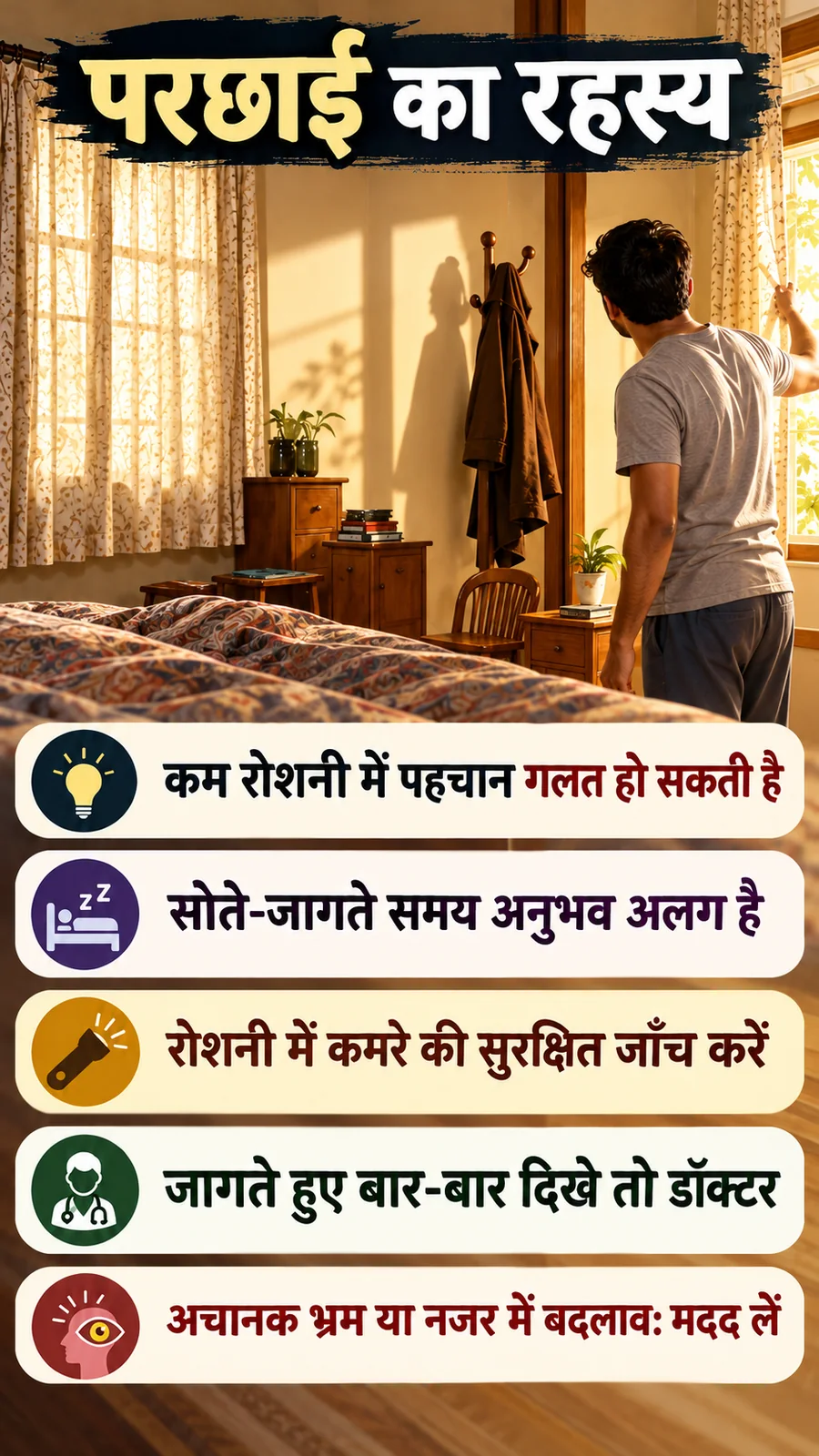 कमरे में काली परछाई दिखना पर कारण और सुरक्षित कदम समझाता सांकेतिक हिंदी पोस्टर।