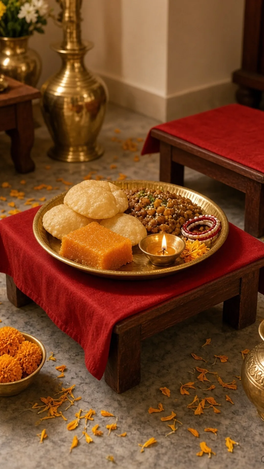 कन्या पूजन आसन लाल कपड़ा हलवा थाली