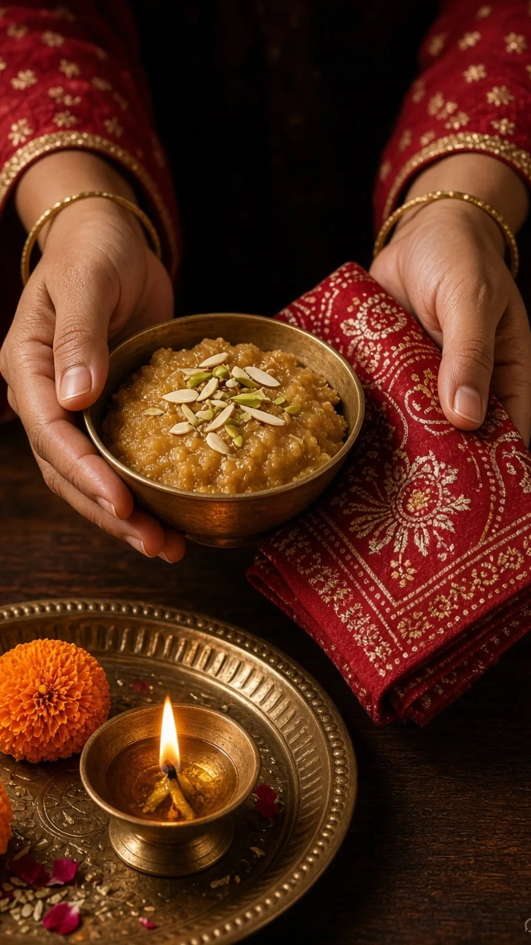 कन्या पूजन हलवा चूनरी अर्पण हाथ