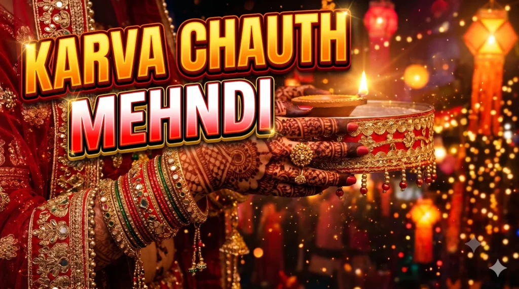 करवा चौथ की पारंपरिक पूजा थाली और छलनी के साथ रचा खूबसूरत मेहंदी का रंग।