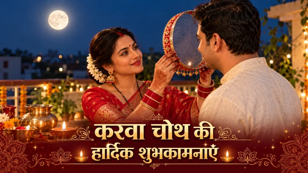करवा चौथ की हार्दिक शुभकामनाएँ — छलनी, चाँद और पूजा थाली के साथ पति-पत्नी