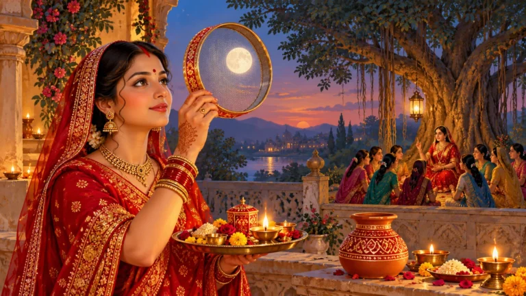 करवा चौथ की कहानी: वीरावती, सात भाई और झूठे चाँद की सांकेतिक चित्रकथा