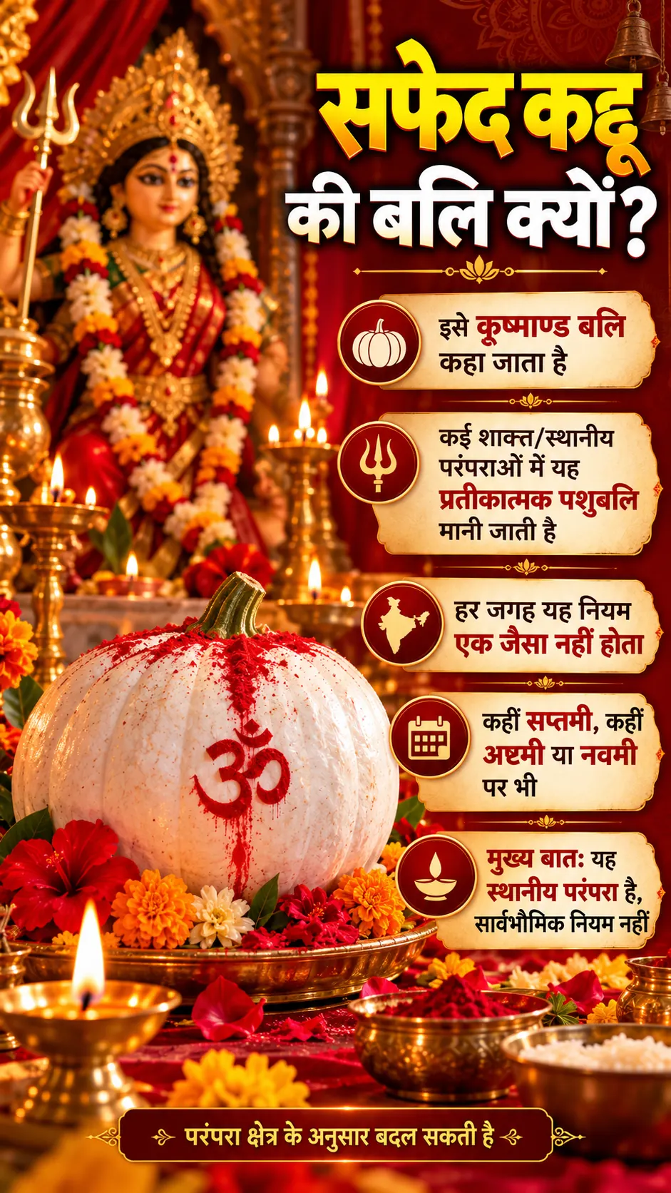 कूष्माण्ड बलि का अर्थ और सप्तमी अष्टमी नवमी की अलग परंपराओं का हिंदी पोस्टर