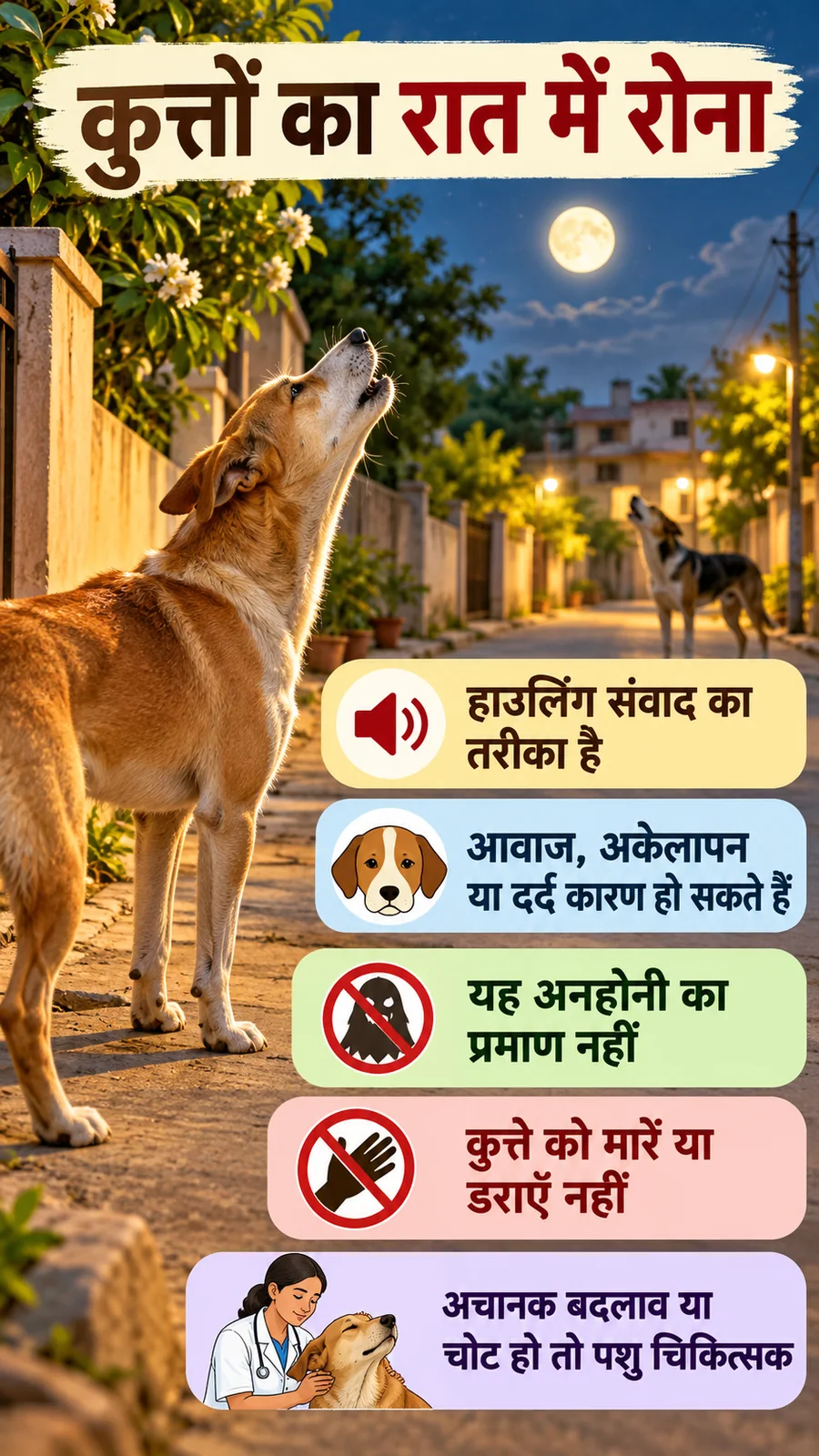 कुत्ते रात को क्यों रोते हैं पर कारण और सुरक्षित कदम समझाता सांकेतिक हिंदी पोस्टर।