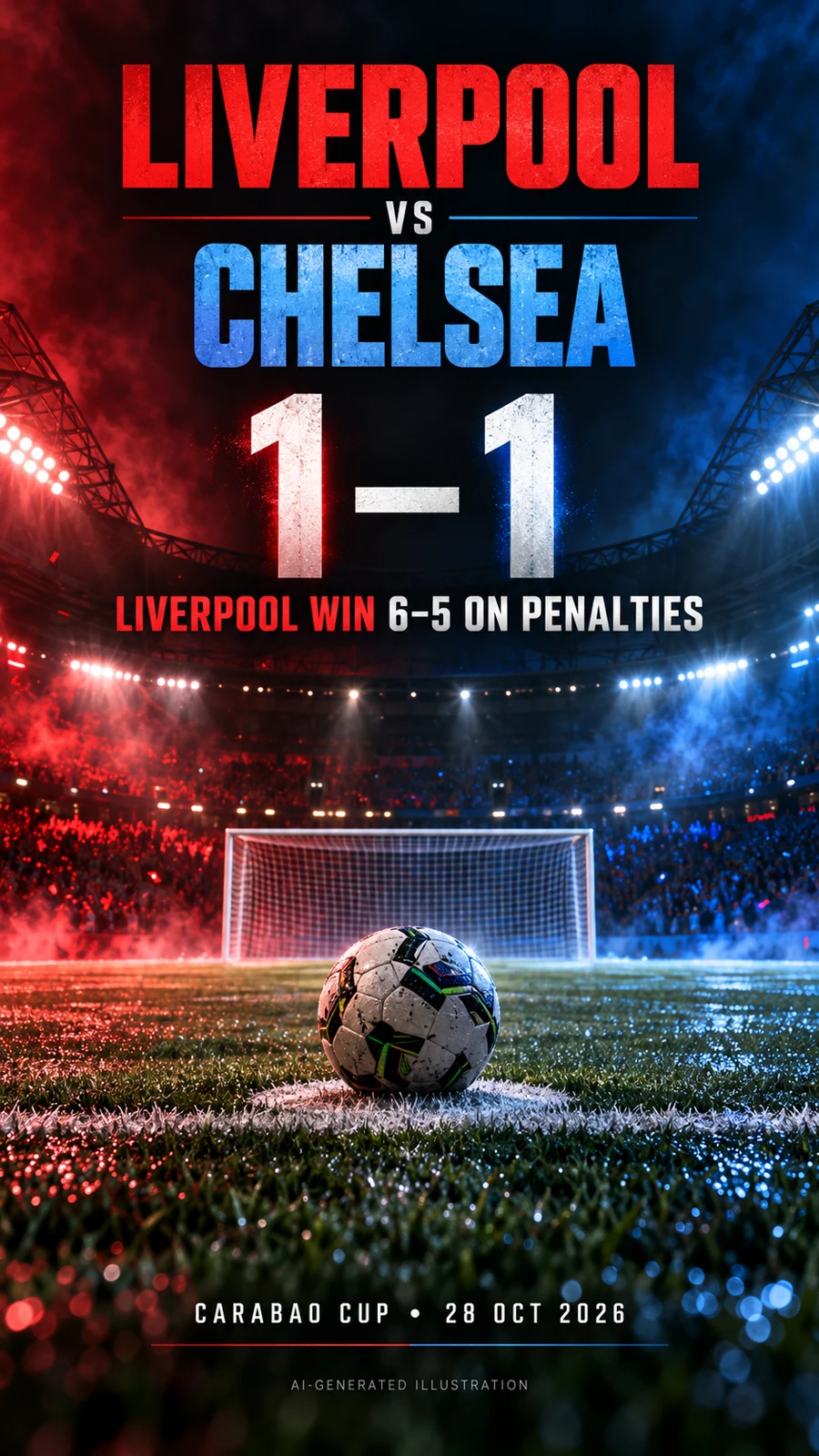 Liverpool vs Chelsea result poster showing 1–1 and Liverpool winning 6–5 on penalties