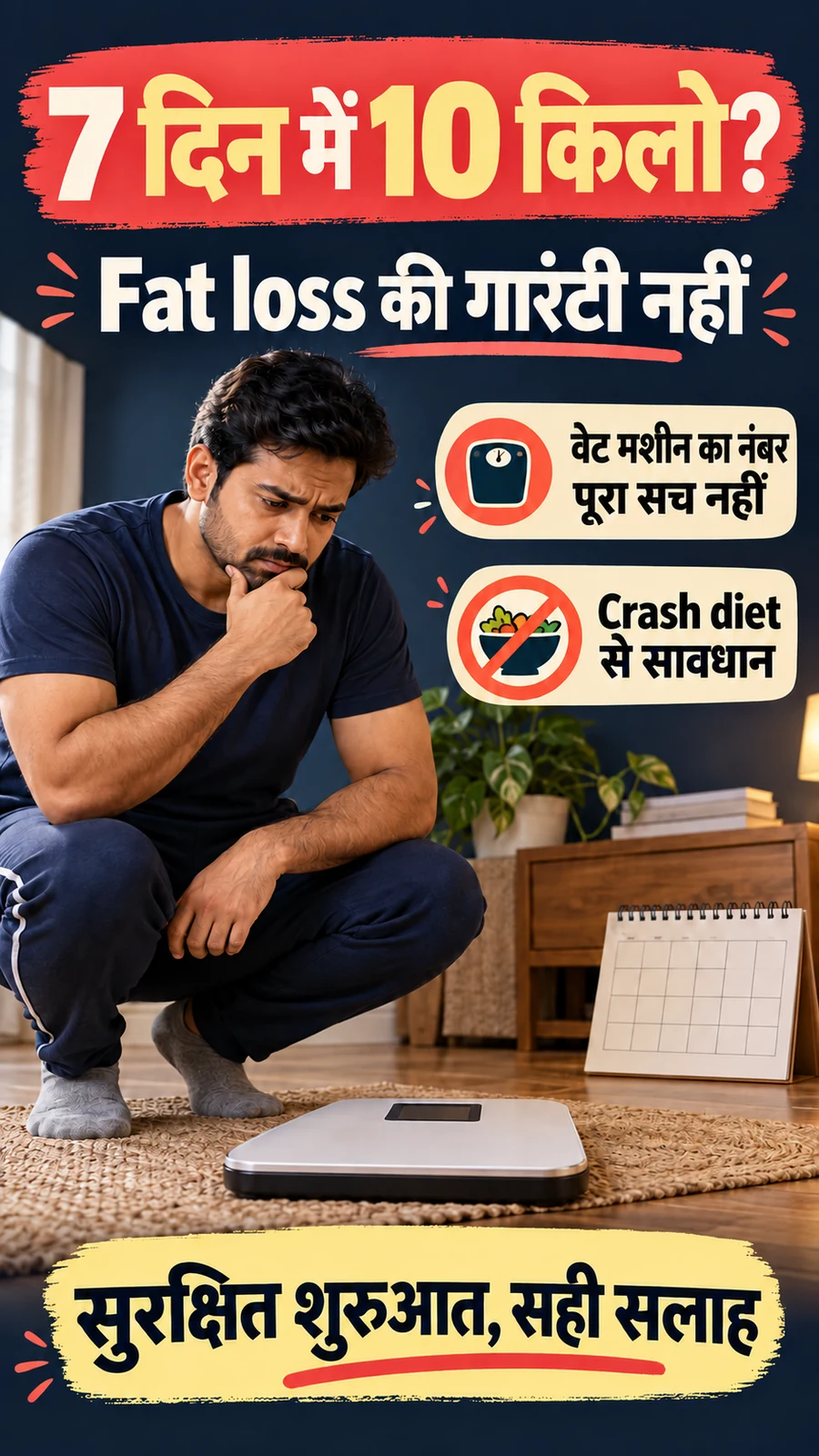 Hindi myth-check poster about the claim of losing ten kilos in seven days