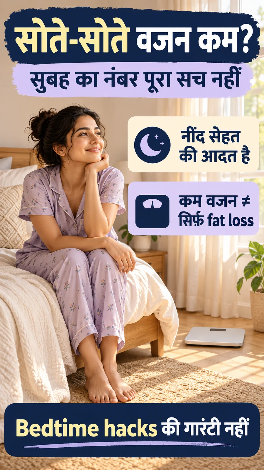 Hindi poster explaining that a lower morning weight does not necessarily mean fat loss
