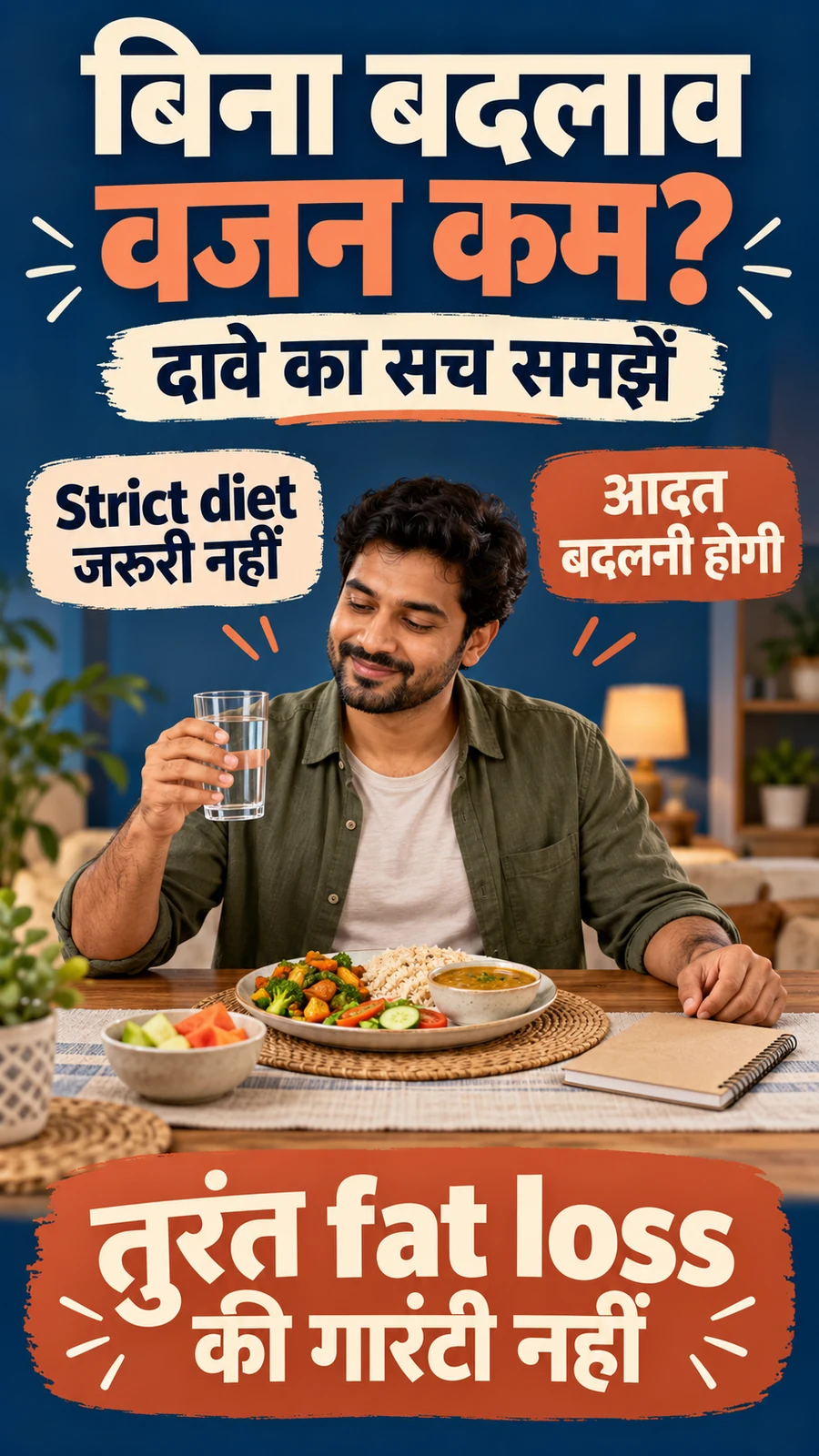 Hindi poster explaining that a strict diet is optional but habits still need attention