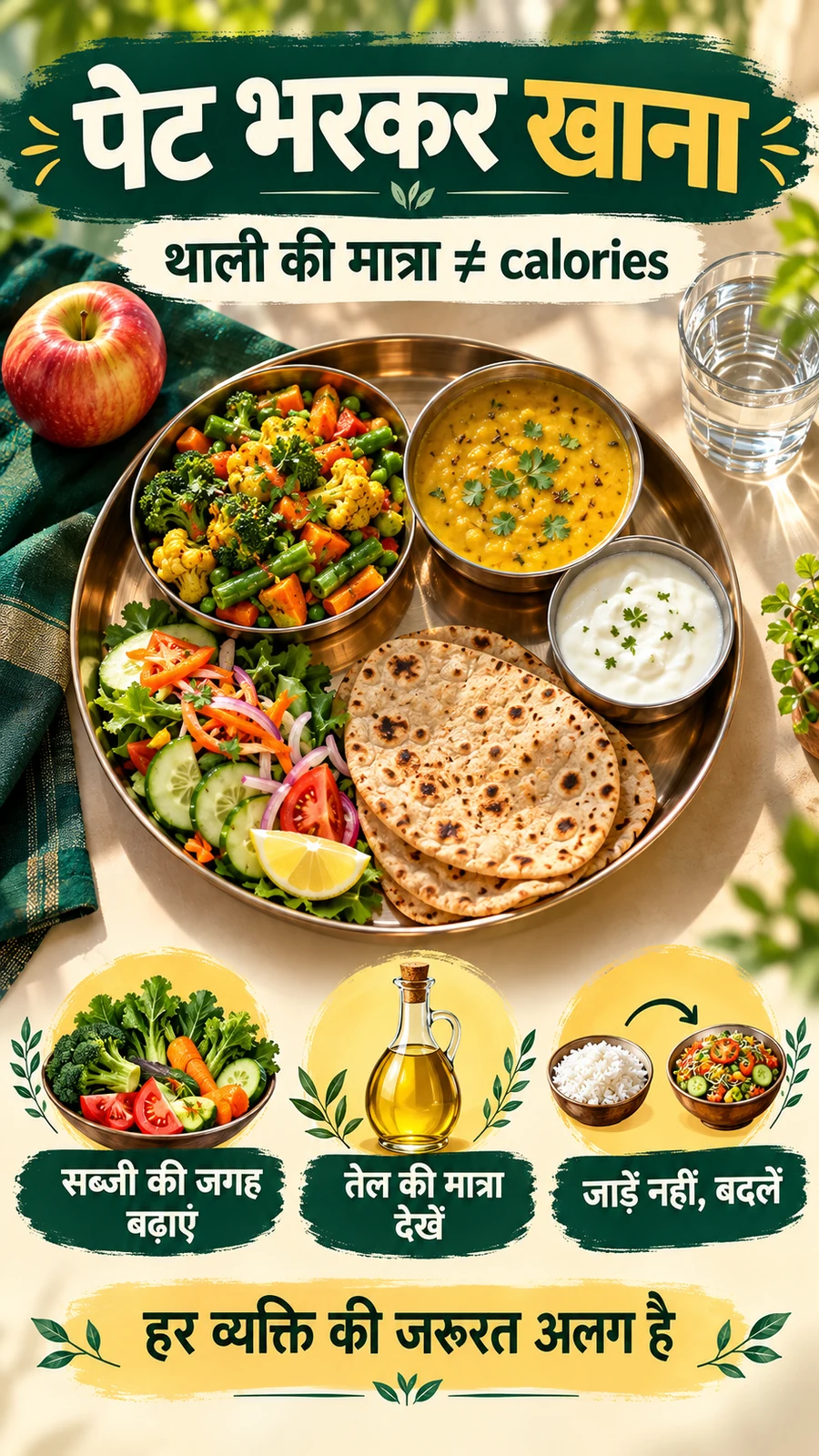 Hindi poster about a filling plate and the difference between food volume and calories
