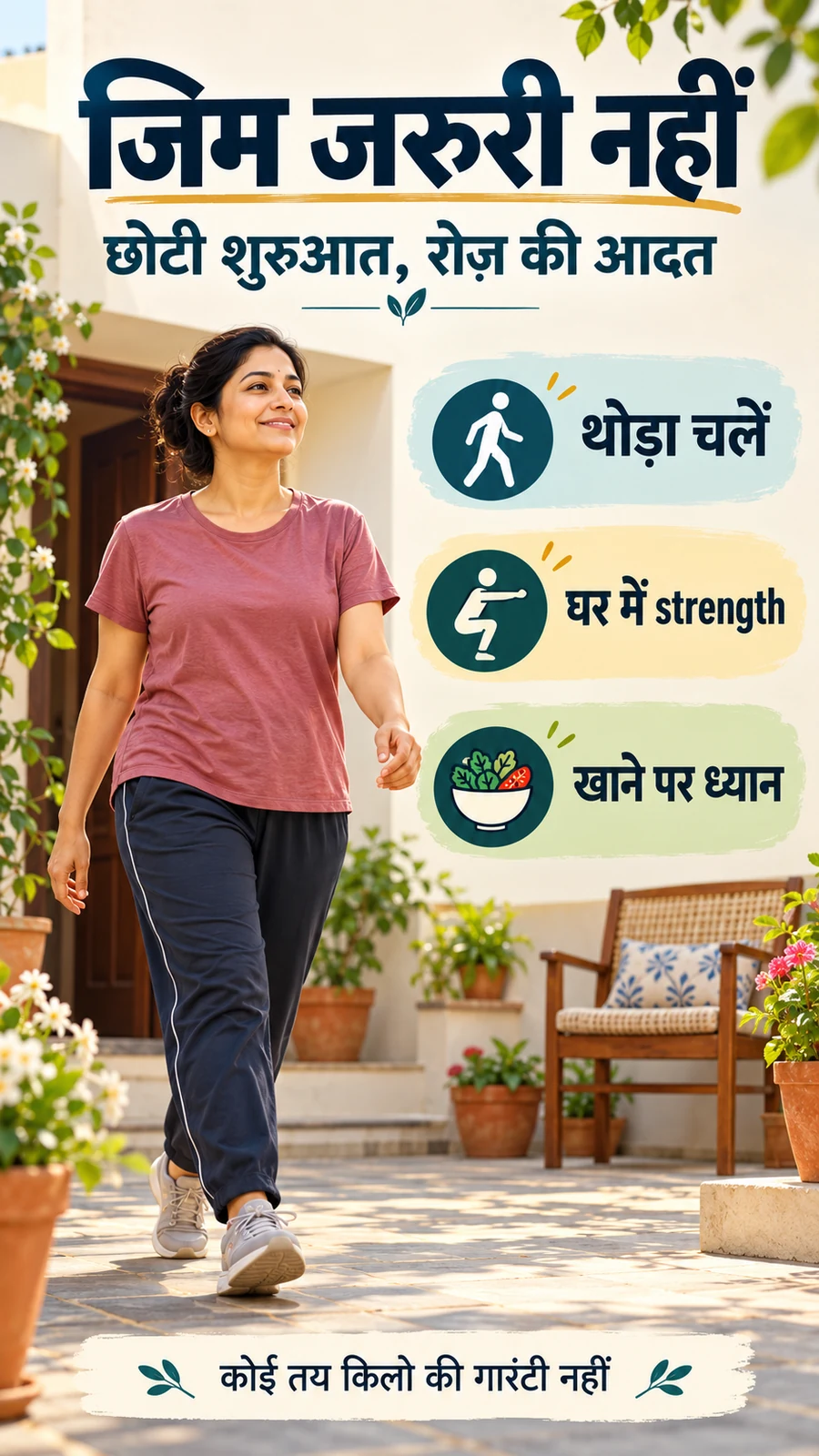 Hindi healthy-habits poster about walking, home strength activity and food choices