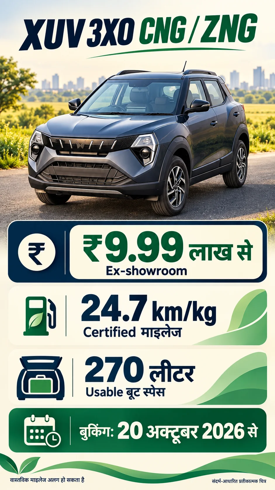 Mahindra XUV 3XO CNG ZNG — Hindi launch specifications infographic