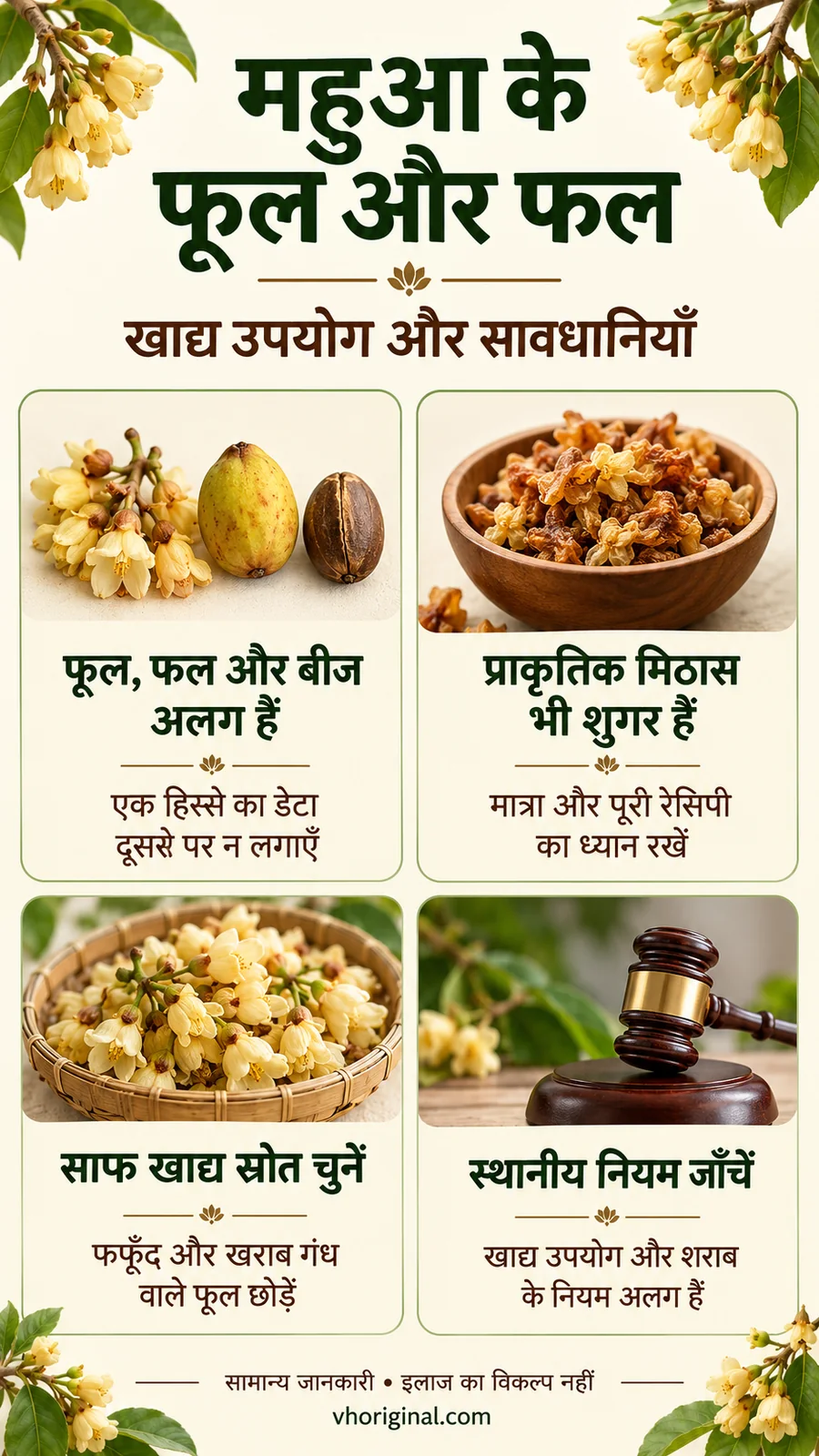 महुआ के फूल और फल के खाद्य उपयोग और सावधानियों का हिंदी सूचना पोस्टर