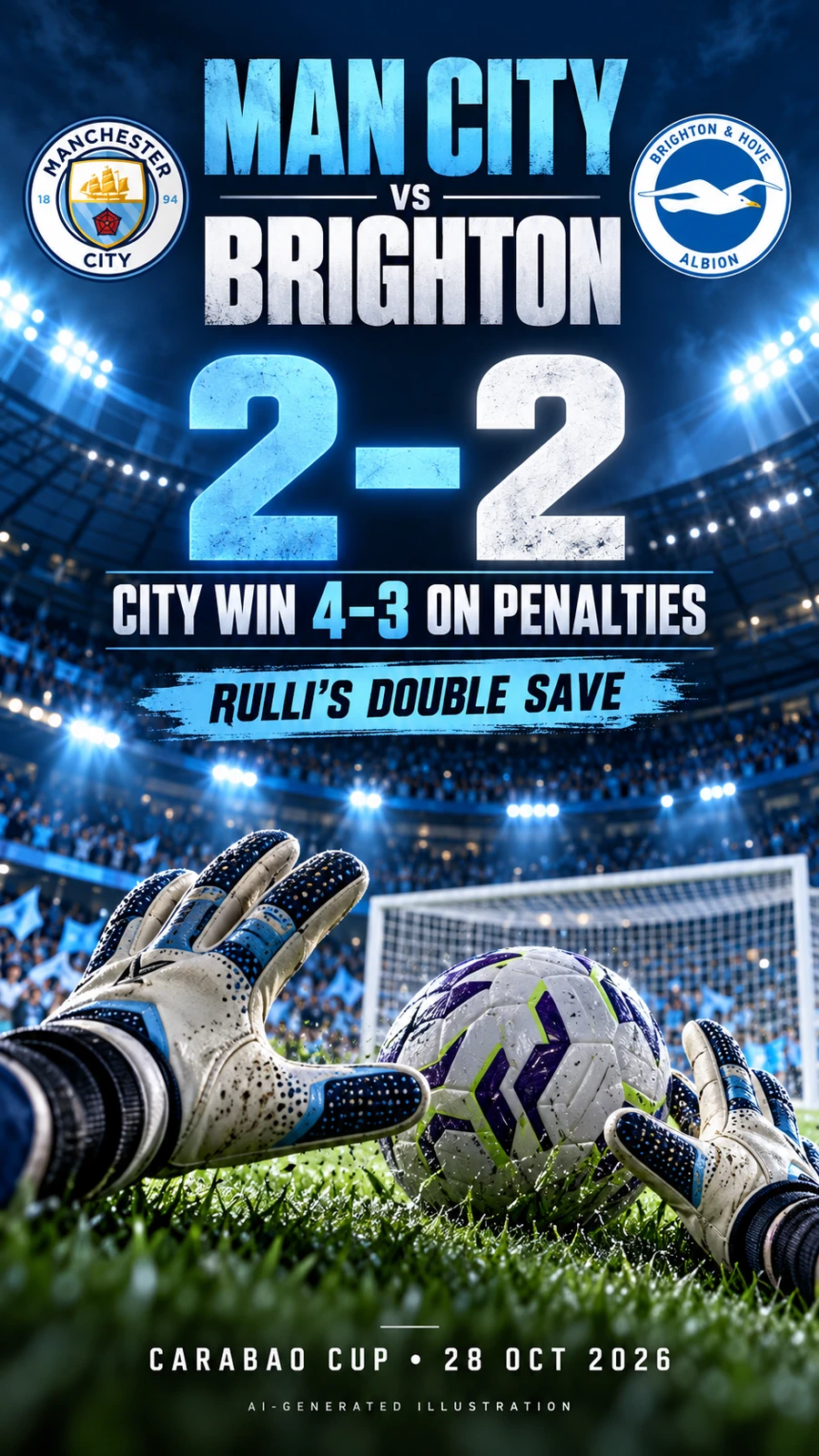 Man City vs Brighton result poster: 2–2 and City winning 4–3 on penalties