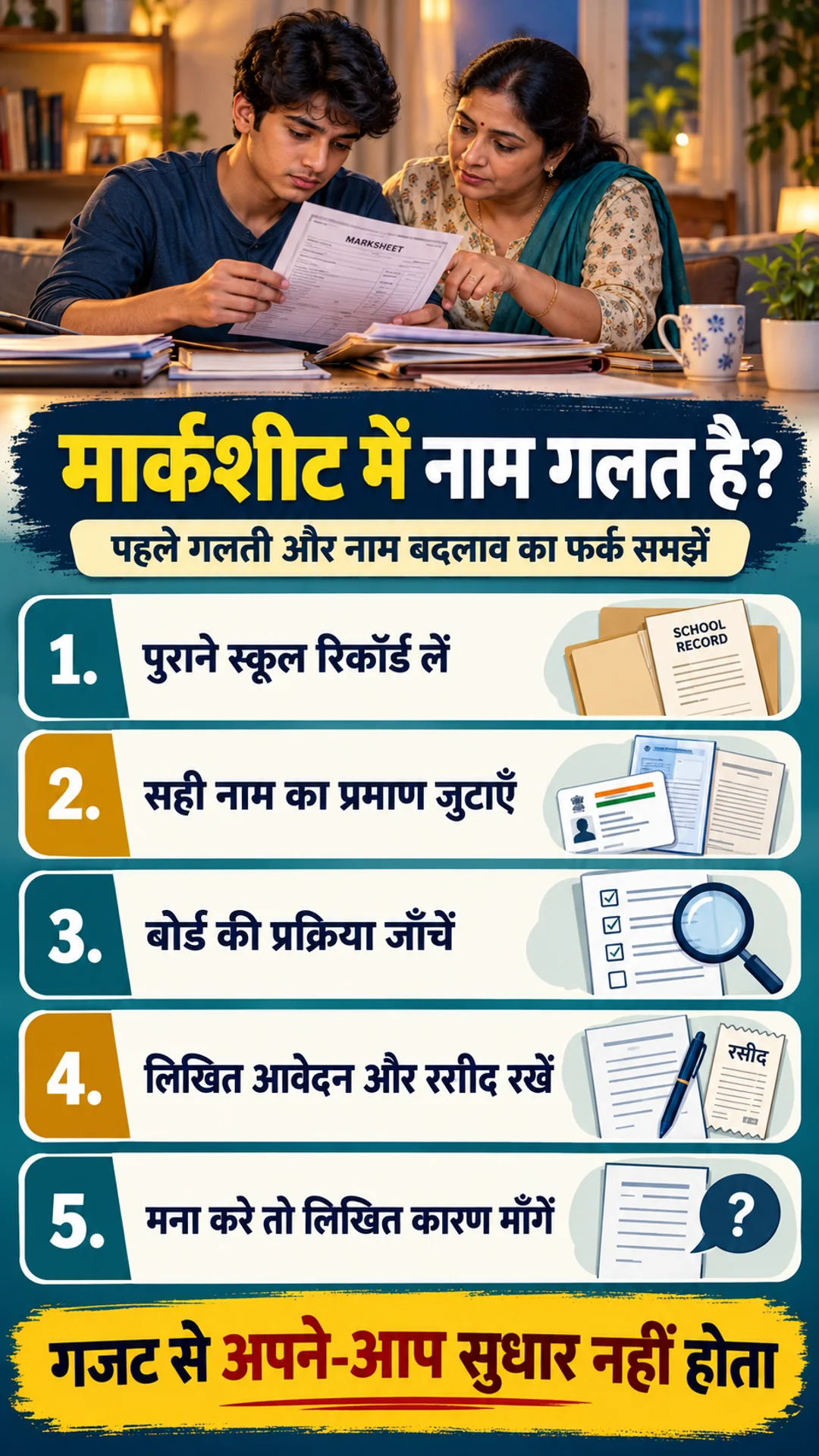 मार्कशीट में नाम सुधार के पाँच व्यावहारिक कदम