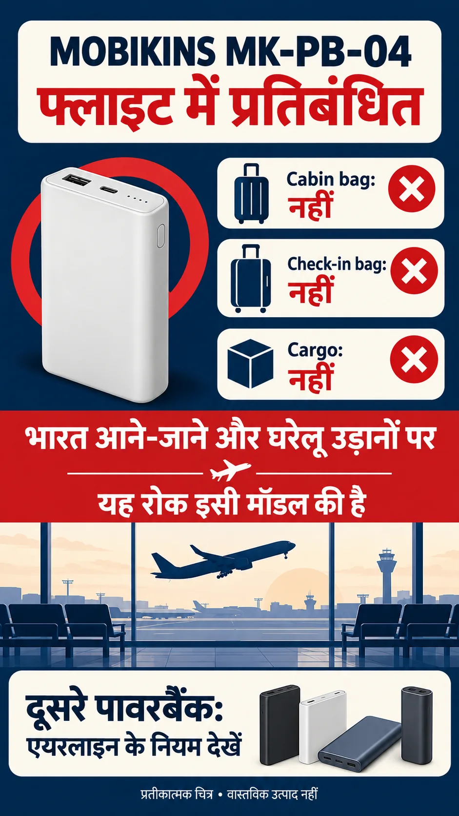 MOBIKINS MK-PB-04 फ्लाइट बैन: cabin, check-in और cargo पर रोक