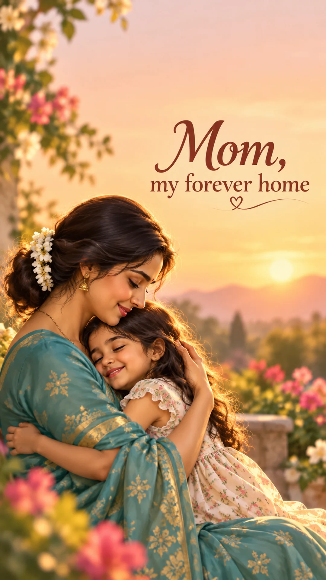 माँ और बेटी के आलिंगन वाला Mom my forever home वॉलपेपर