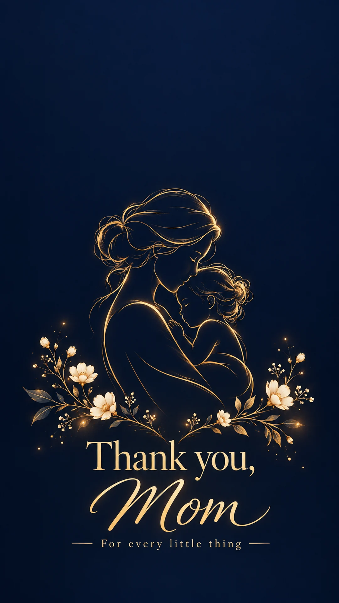गहरे नीले रंग पर सुनहरी माँ-बच्चे की आकृति वाला Thank you Mom वॉलपेपर