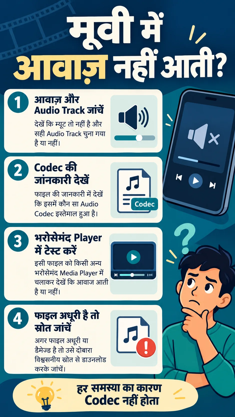मूवी में आवाज नहीं आती: volume, audio track, codec और file की चेकलिस्ट