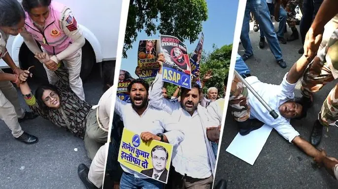 AISA की नेहा बोरा को पुलिस हिरासत में ले जाती हुई। जंतर-मंतर, 2 अक्टूबर 2026।