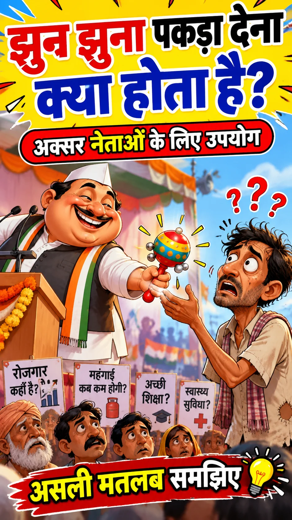 नेता जनता को रोजगार और महंगाई के बदले झुनझुना पकड़ाते हुए व्यंग्य चित्र