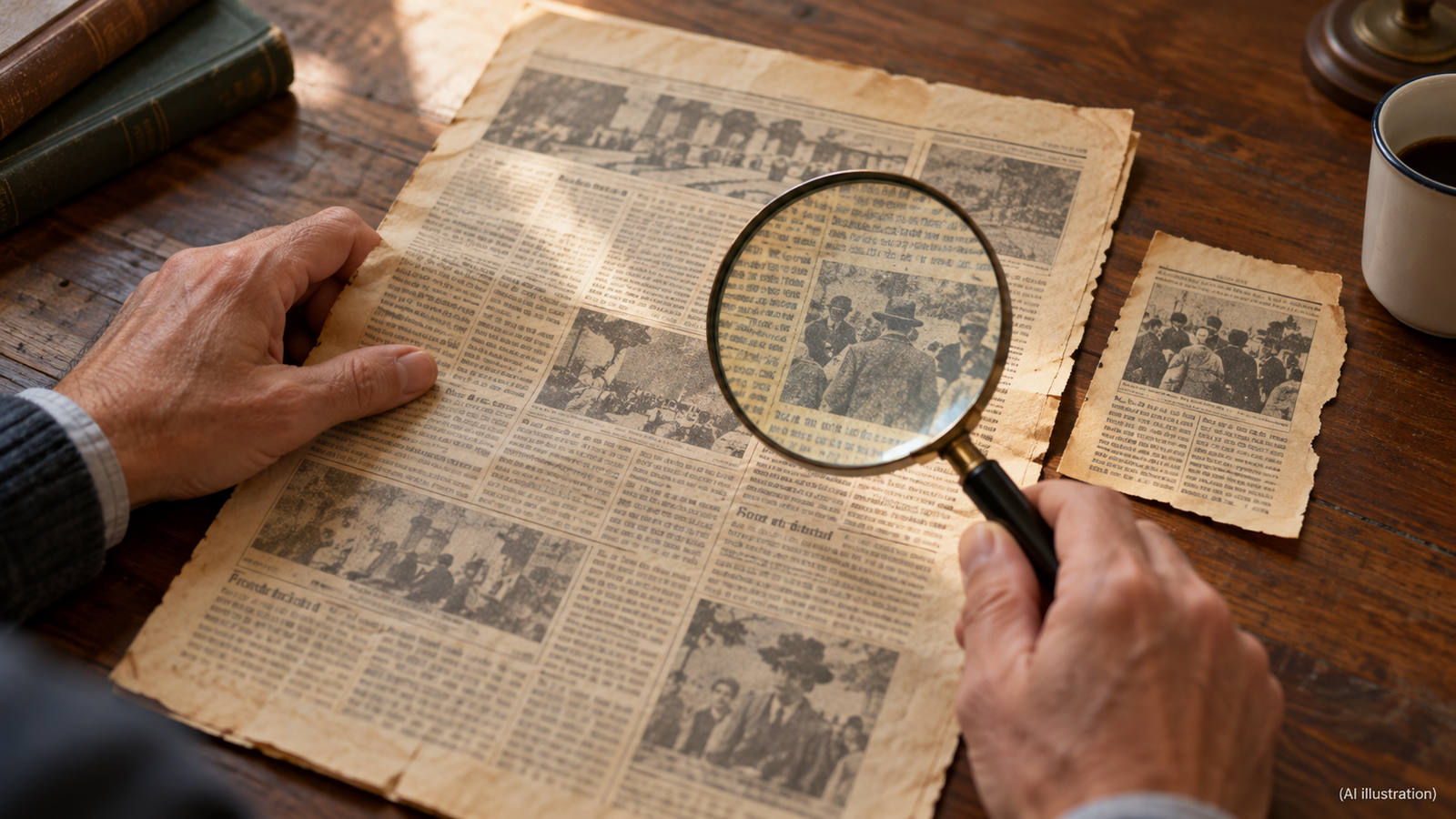 पुरानी clipping का संदर्भ देखने वाला काल्पनिक magnifier दृश्य (AI-generated illustration) पुरानी clipping का संदर्भ देखने वाला काल्पनिक magnifier दृश्य (AI-generated illustration)