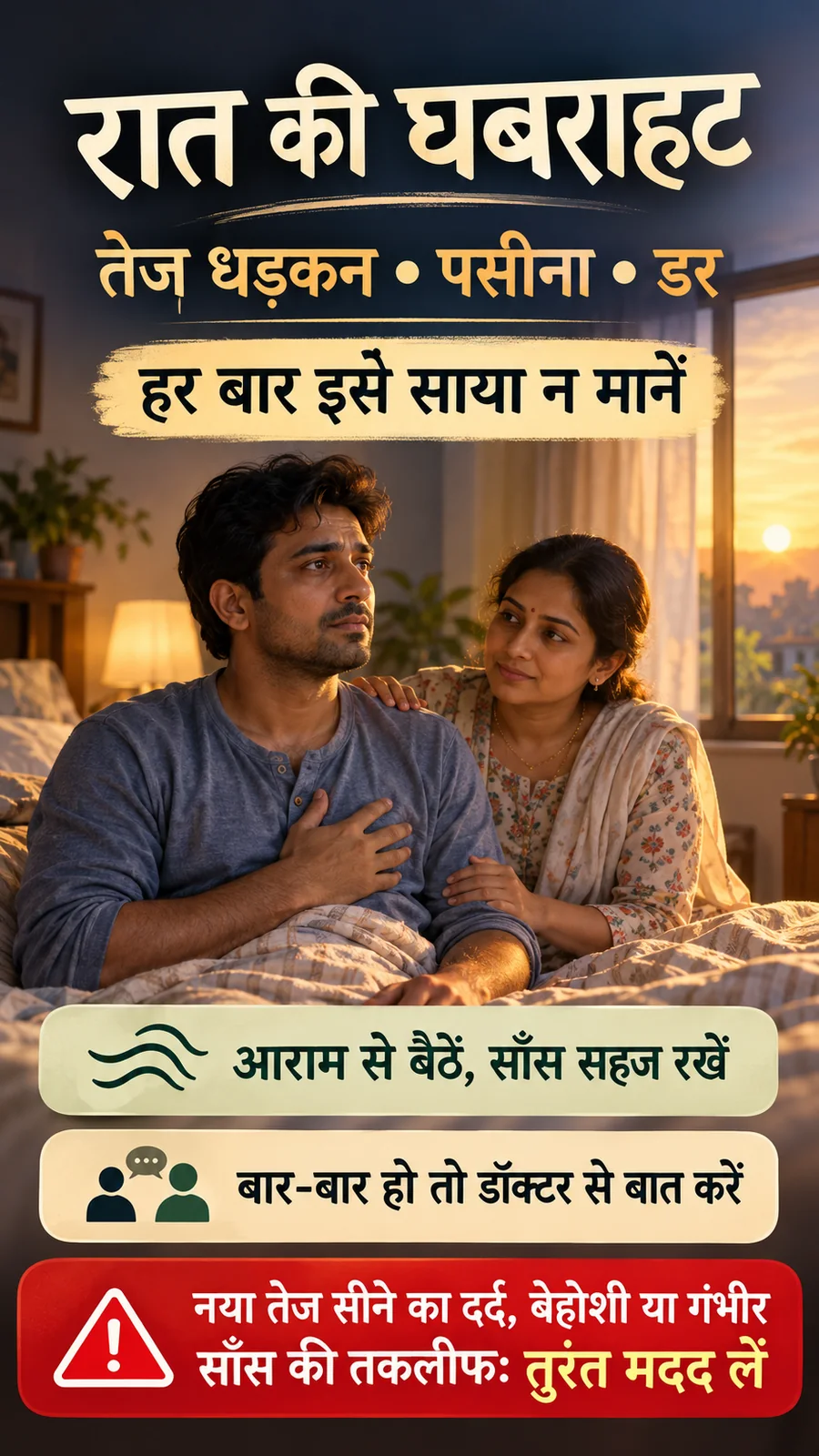 लक्षण और सुरक्षित कदम समझाता सांकेतिक हिंदी पोस्टर।