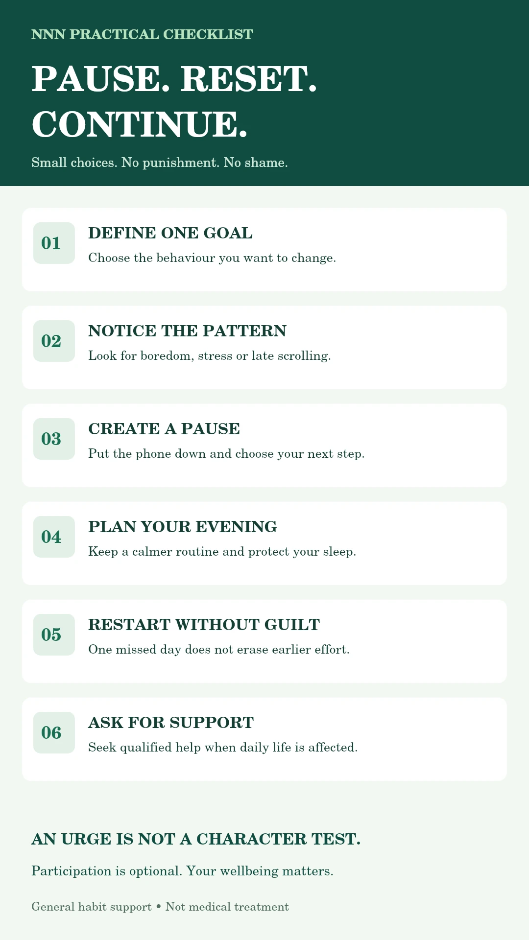 लक्ष्य, triggers, विराम, नींद और बिना guilt आगे बढ़ने वाली English NNN checklist