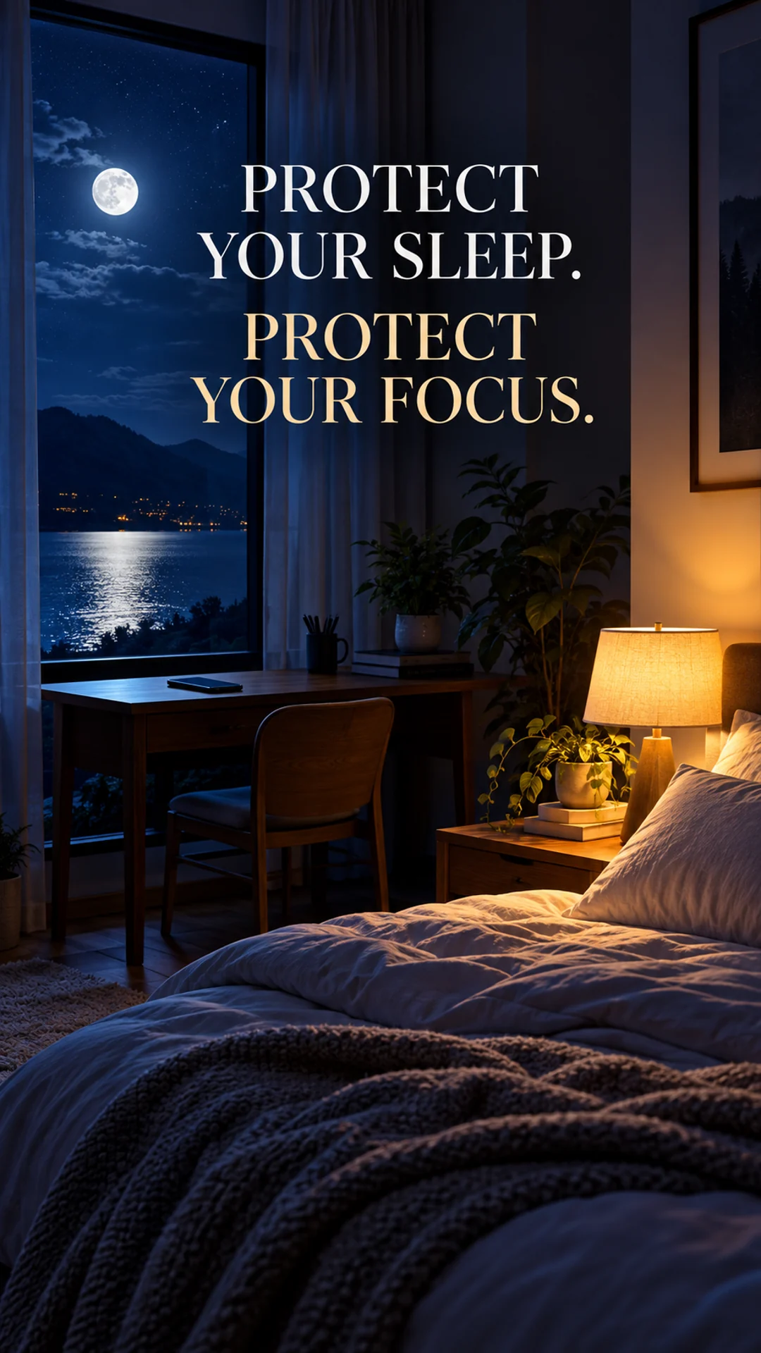 Original English NoFap motivation phone wallpaper: Protect your sleep. Protect your focus.