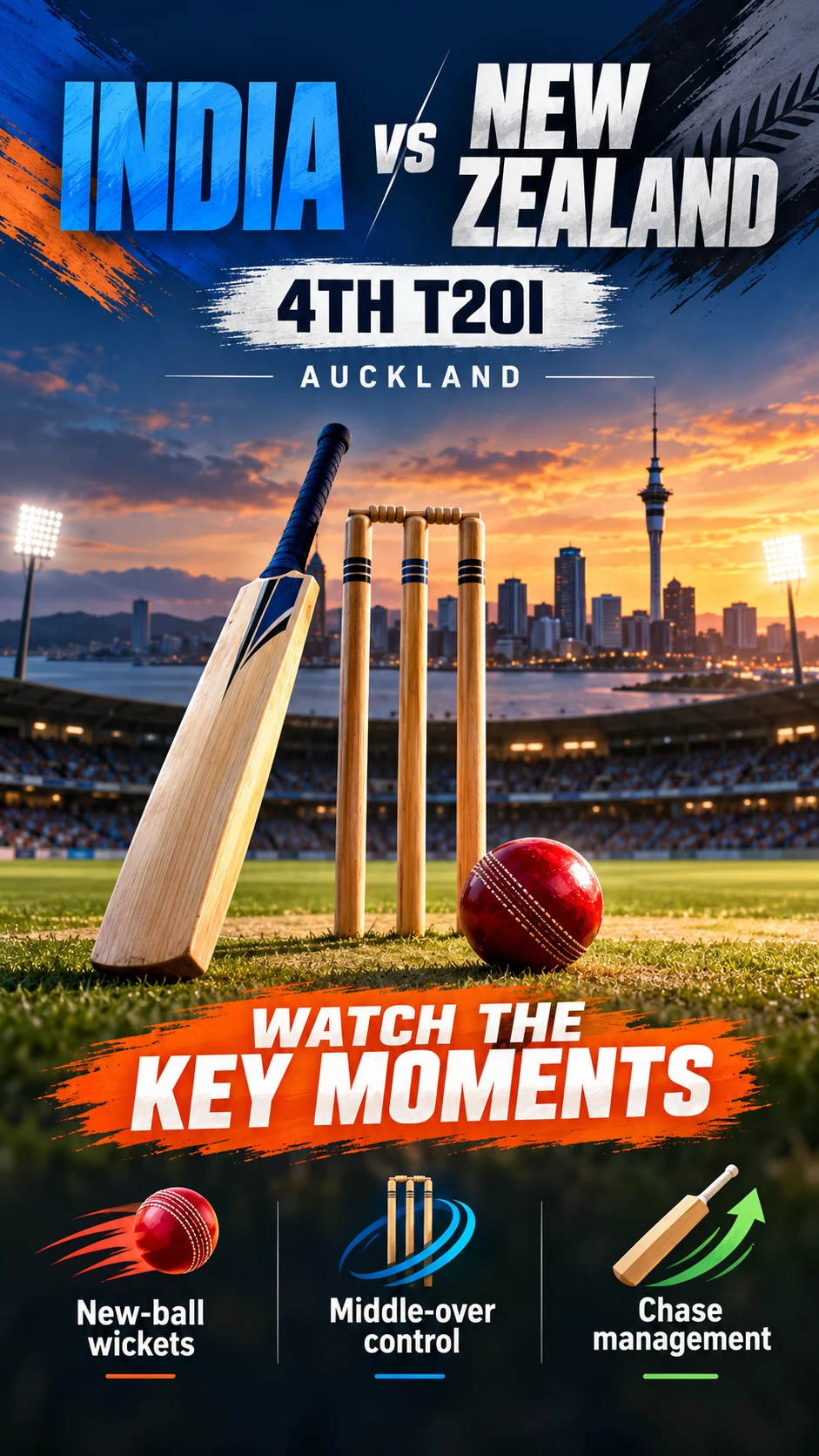 India vs New Zealand 4th T20I: Phillips Century and Early Wickets Decide Auckland Match — info poster