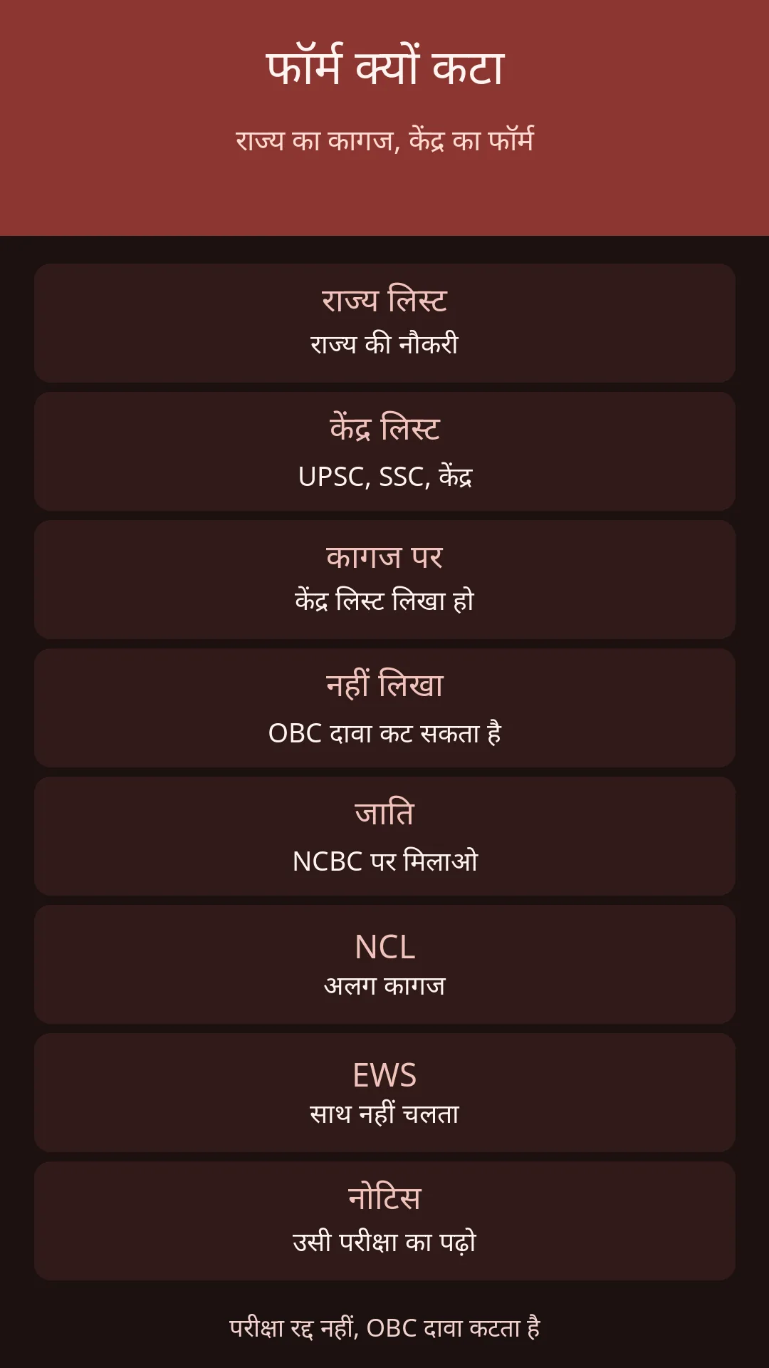 कागज पर केंद्र लिस्ट लिखा हो। नहीं लिखा, तो OBC दावा कट सकता है।