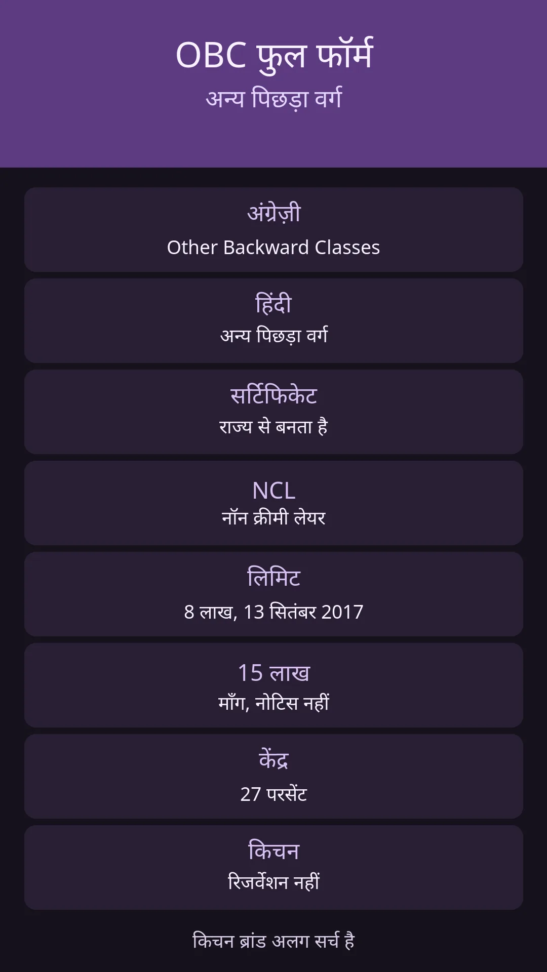 NCL नॉन क्रीमी लेयर है। लिमिट 8 लाख है।