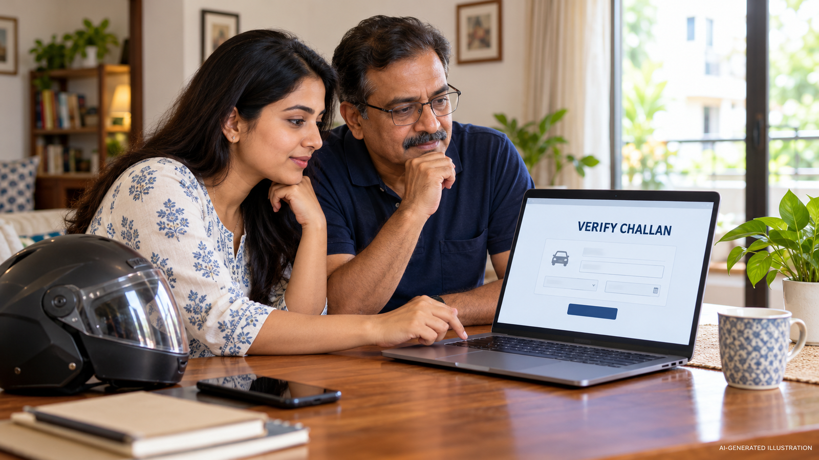 Family independently checking a traffic challan record on a laptop (AI-generated illustration) Family independently checking a traffic challan record on a laptop (AI-generated illustration)