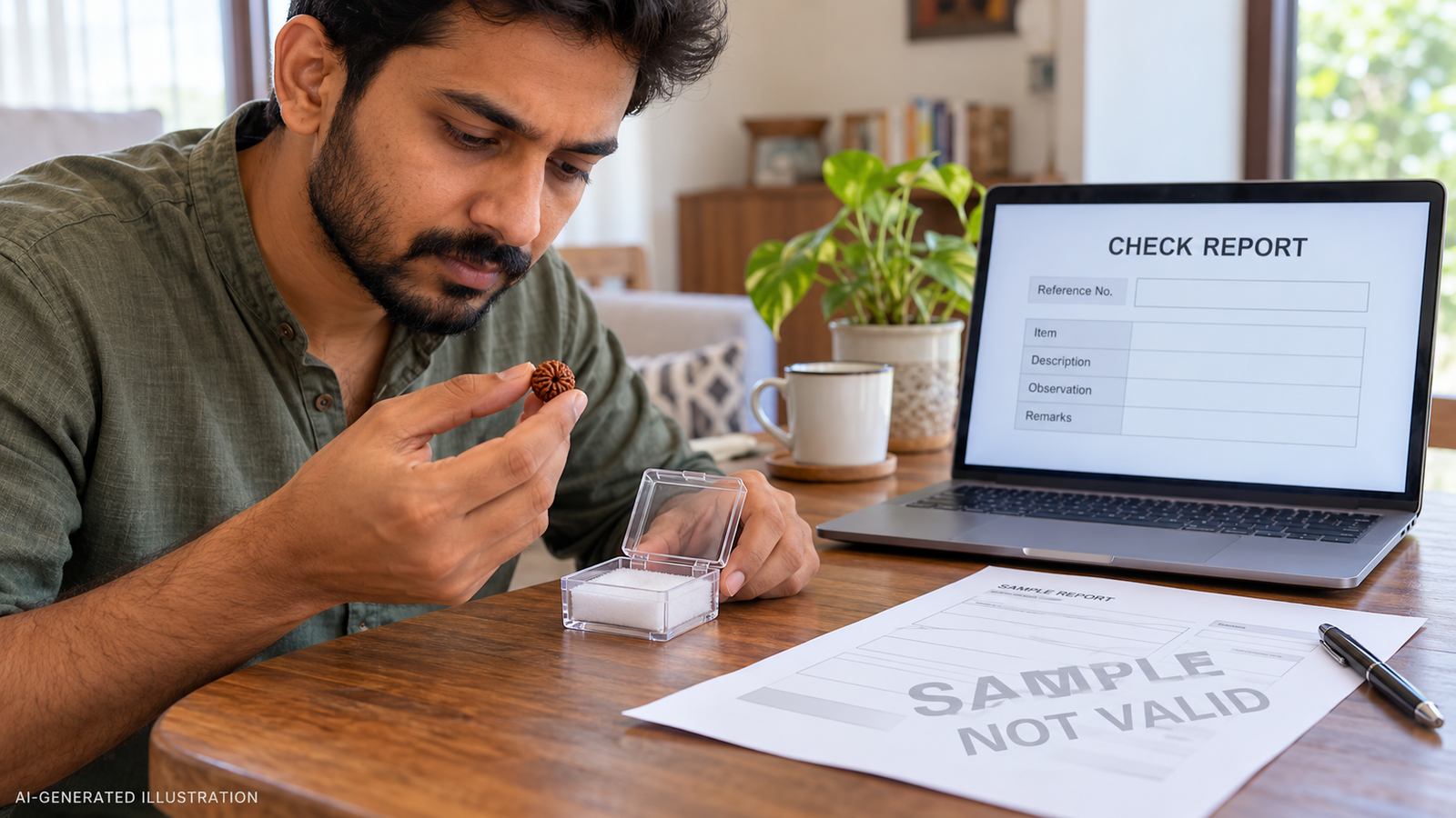 Person comparing a bead with fictional paperwork (AI-generated illustration)