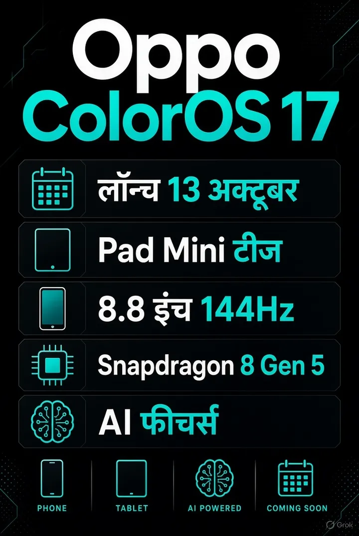 Oppo ColorOS 17 इन्फो पोस्टर: 13 अक्टूबर लॉन्च, Pad Mini