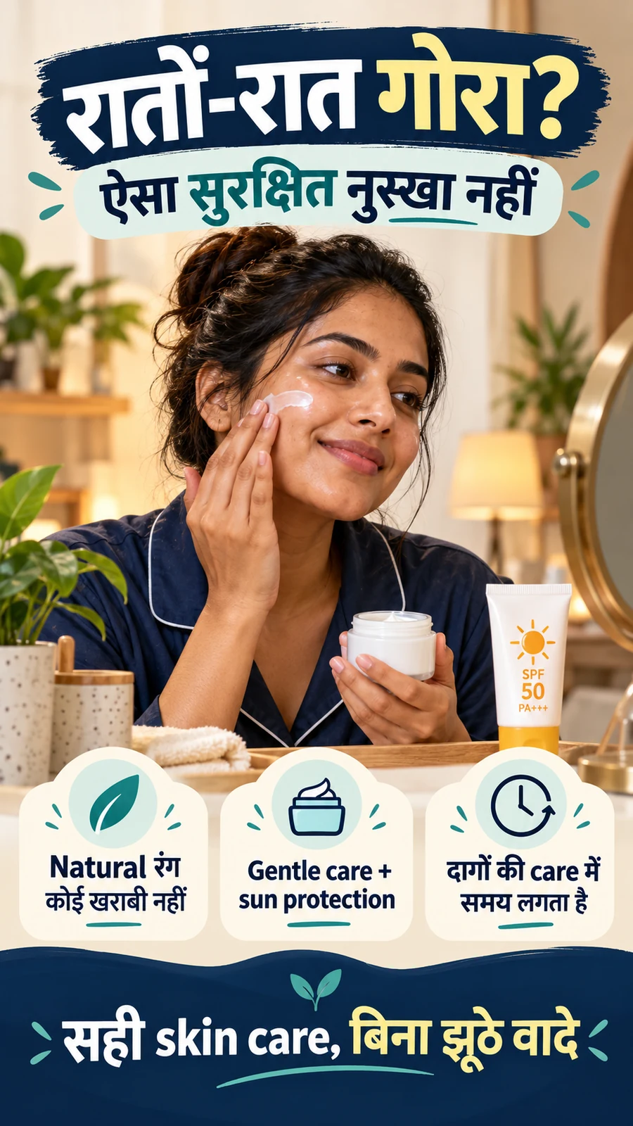 Hindi poster about overnight whitening myths, gentle skin care and sun protection