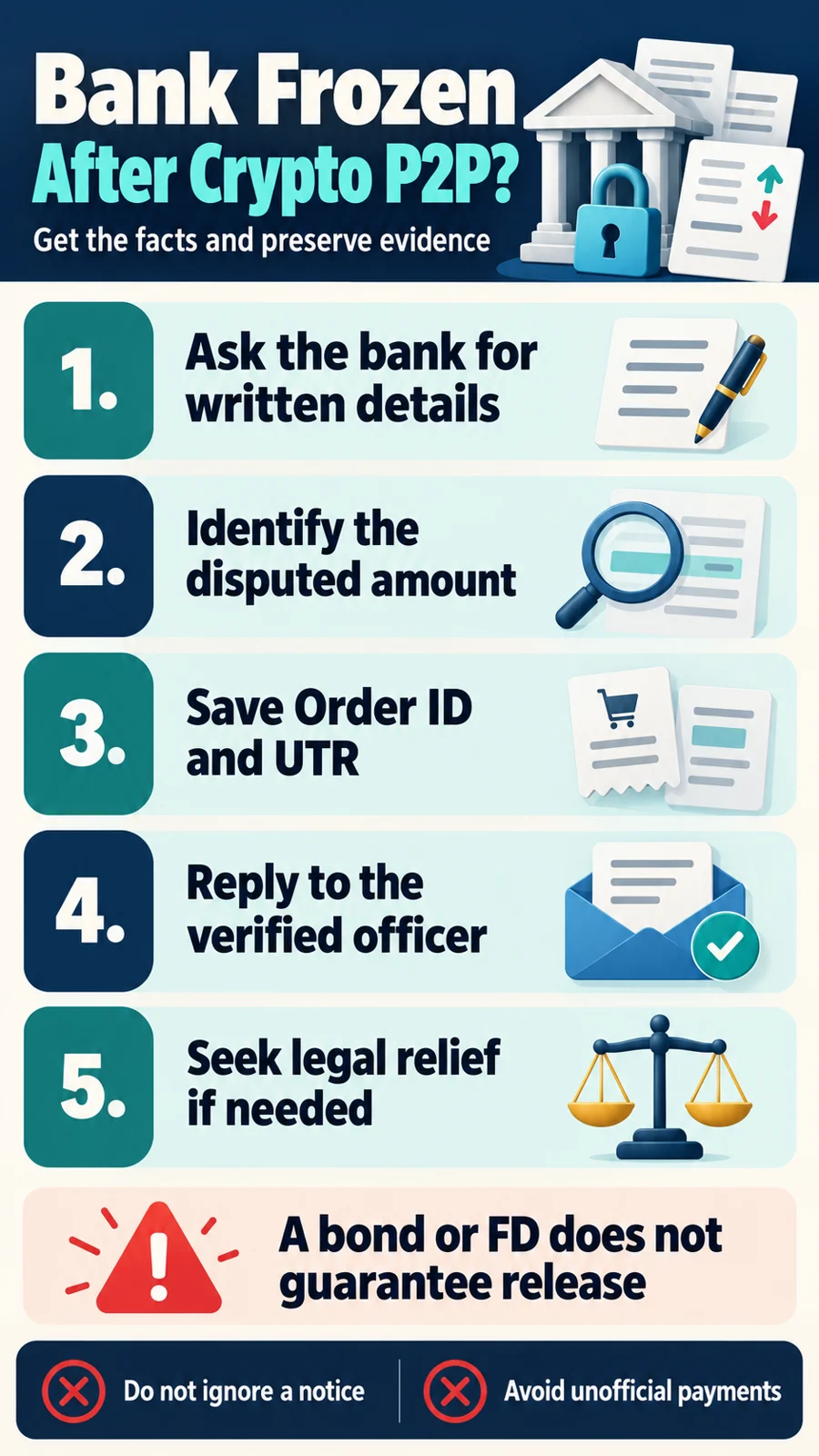 Five steps after a bank account freeze following crypto P2P trading