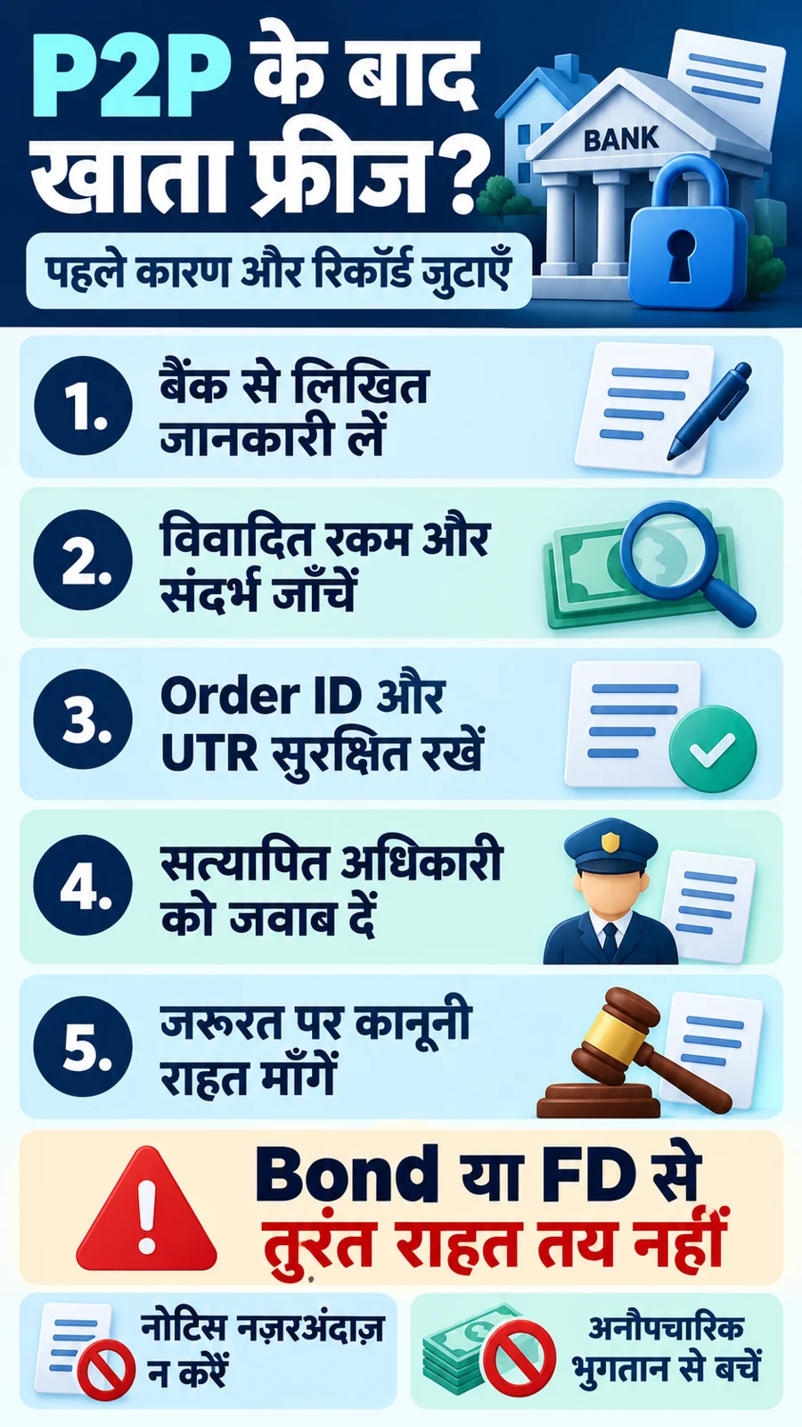 P2P क्रिप्टो बैंक खाता फ्रीज होने पर लिखित जानकारी, UTR और कानूनी राहत की पाँच कदम checklist