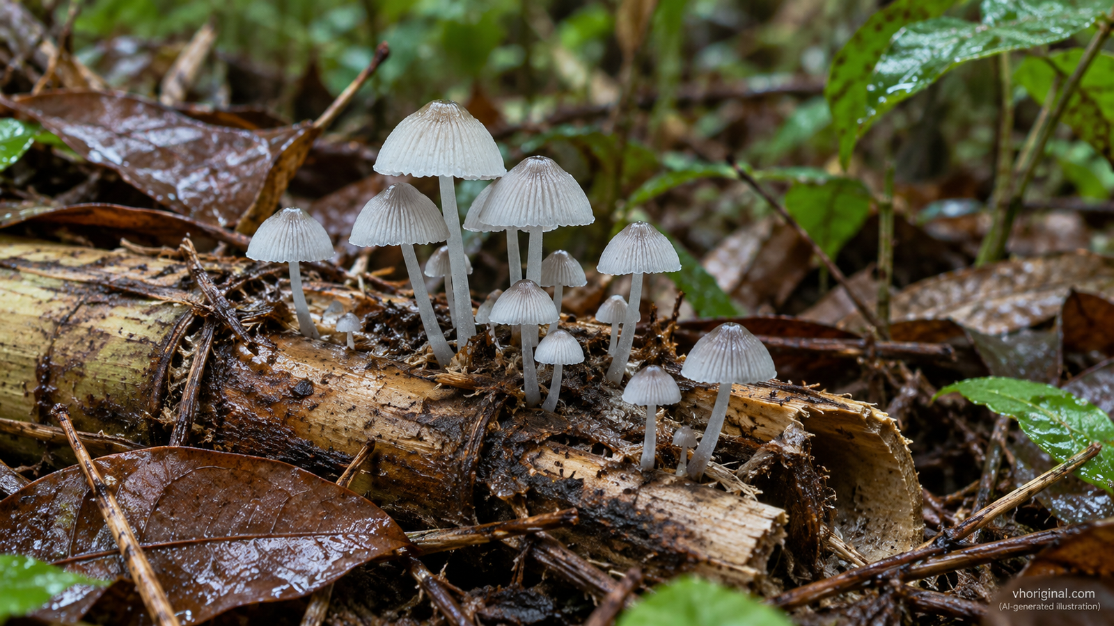 कुजलेल्या बांबूवरील लहान pale mushrooms चे काल्पनिक दिवसाचे दृश्य (AI-generated illustration) कुजलेल्या बांबूवरील लहान pale mushrooms चे काल्पनिक दिवसाचे दृश्य (AI-generated illustration)