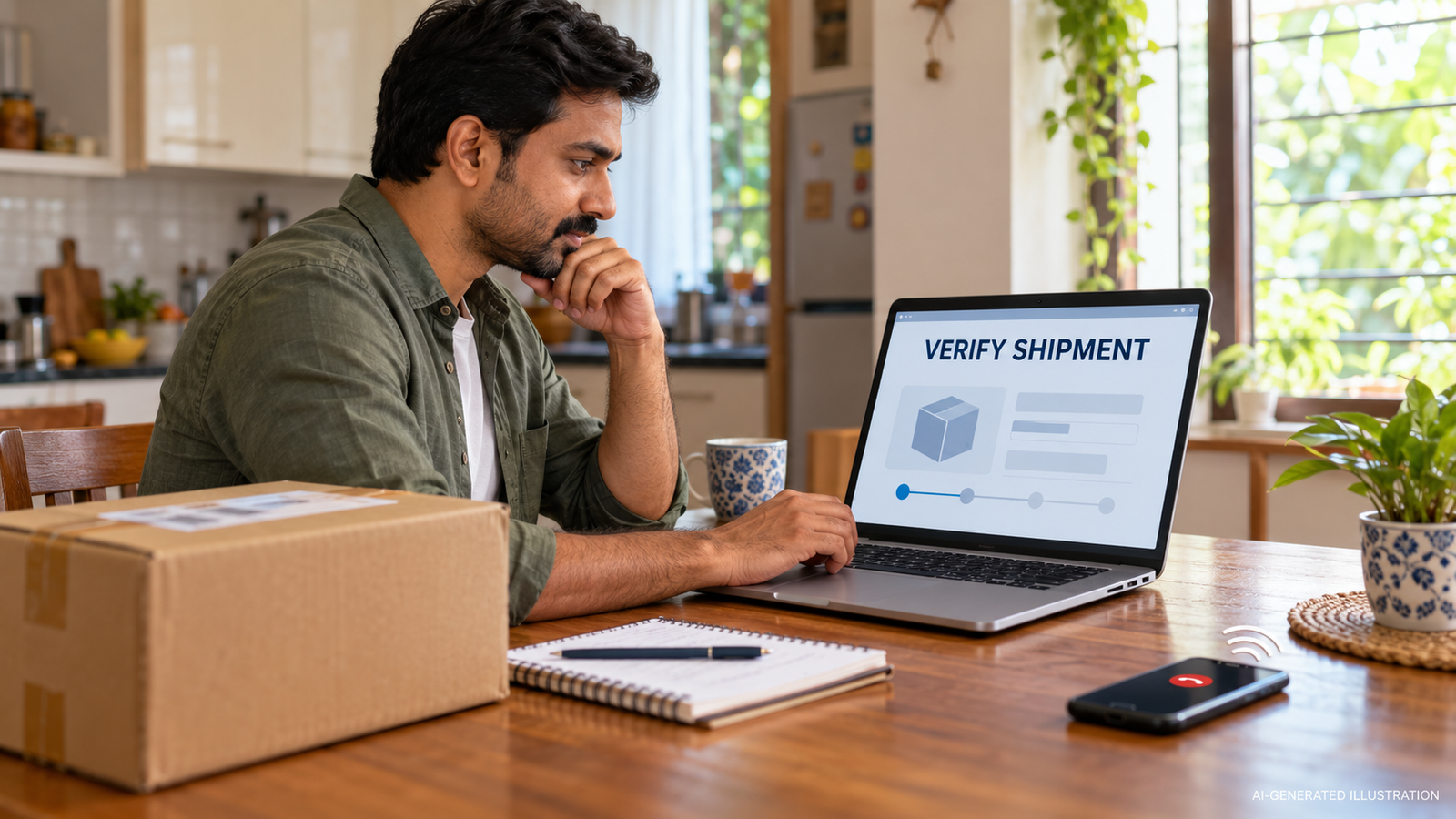 लॅपटॉपवर shipment ची स्वतंत्र पडताळणी करणारी व्यक्ती (AI-generated illustration) लॅपटॉपवर shipment ची स्वतंत्र पडताळणी करणारी व्यक्ती (AI-generated illustration)