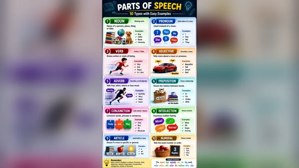 Parts of Speech के 10 प्रकार और आसान उदाहरण वाला विजुअल चार्ट।