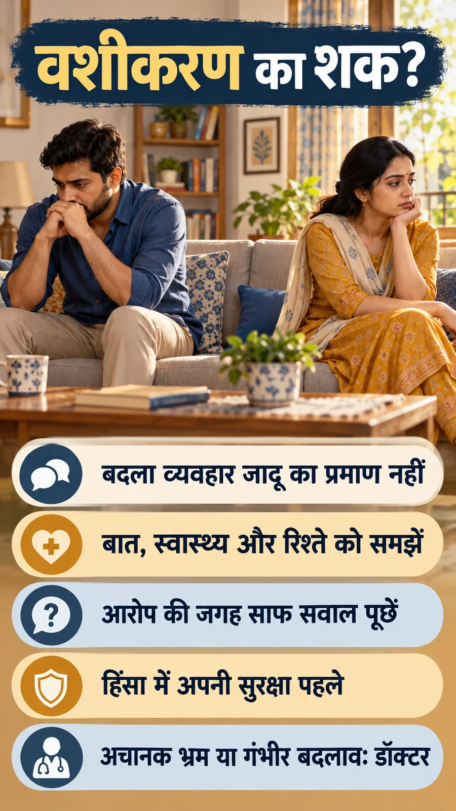 पति पर वशीकरण के लक्षण पर जानकारी और सुरक्षित कदम समझाता सांकेतिक हिंदी पोस्टर।