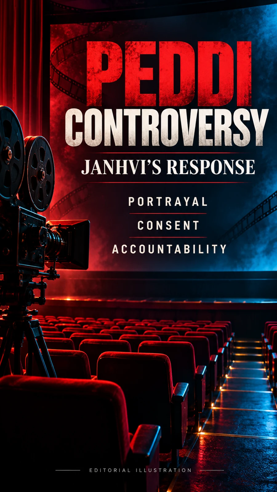 Editorial poster with an empty cinema and camera, reading Peddi Controversy, Janhvi’s Response, Portrayal, Consent, Accountability