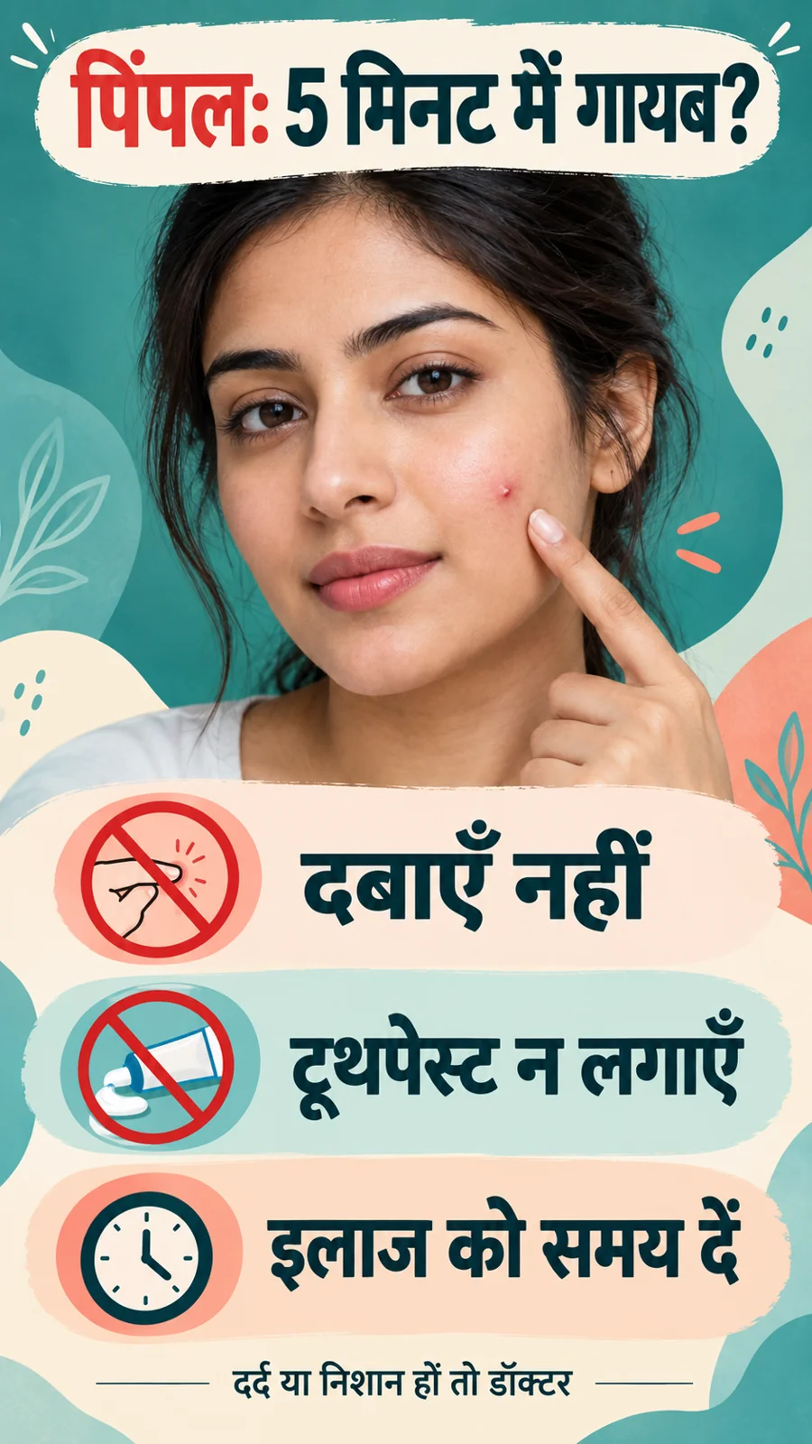 पिंपल के लिए सुरक्षित देखभाल समझाता हिंदी पोस्टर