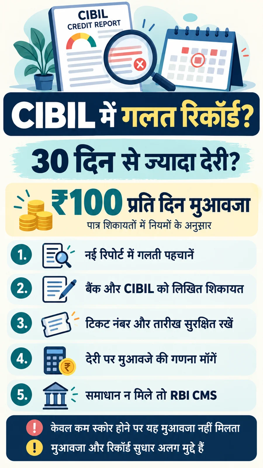 CIBIL गलत रिकॉर्ड की शिकायत और पात्र ₹100 प्रतिदिन मुआवजे के पाँच कदम