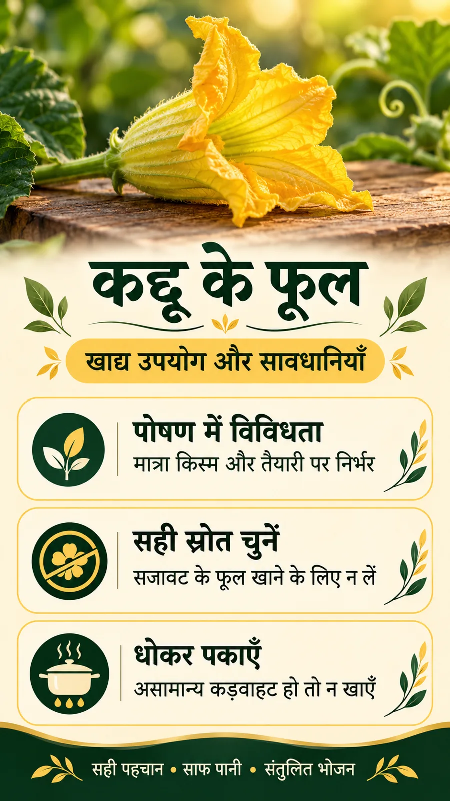 कद्दू के फूल खाने के फायदे, साफ स्रोत और सुरक्षित तैयारी का हिंदी पोस्टर